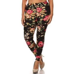 X-Plus Size 3X-5X Womens Floral Print  Pink &‎ Gold Rose Leggings